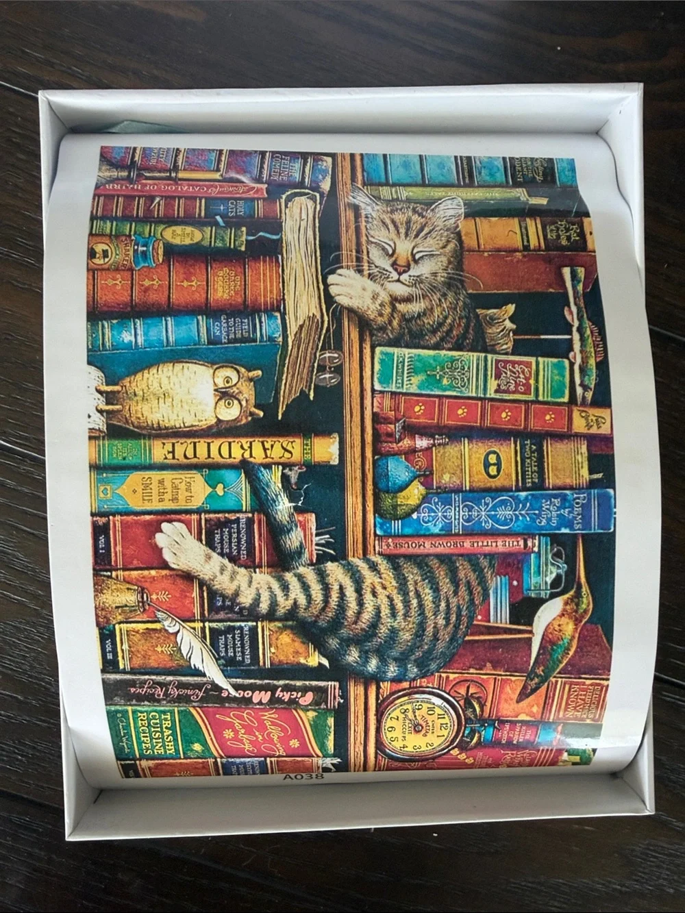 Wooden Puzzle Cat on Bookshelf
